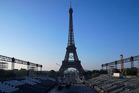 View of Olympic rings on Eiffel Tower